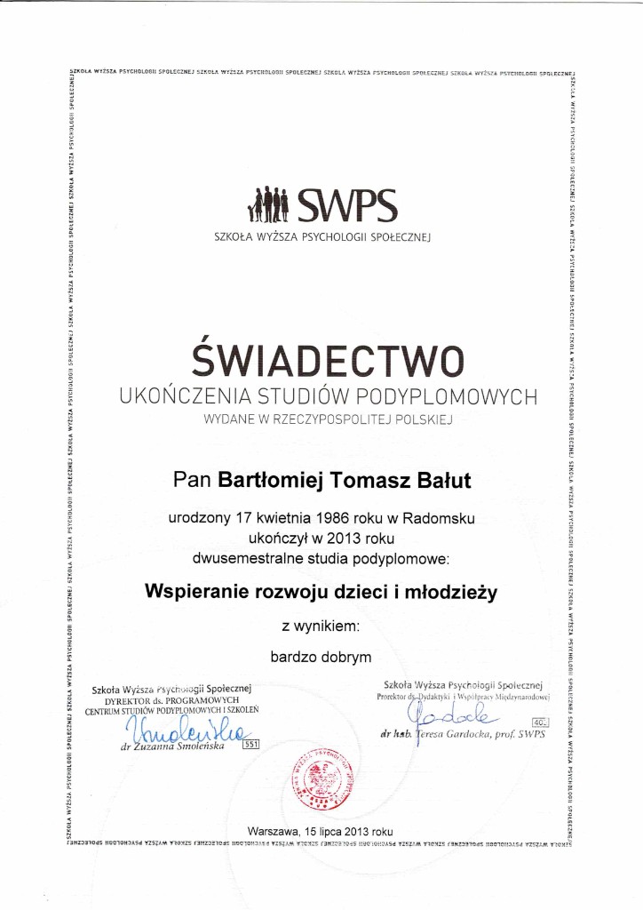 Świadectwo podyplomowe Wspieranie rozwoju dzieci i młodzieży, SWPS, 2013
