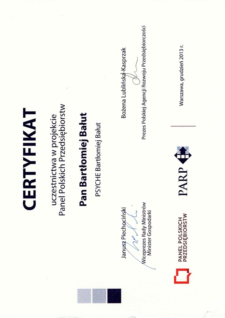 Certyfikat Panel Polskich Przedsiębiorstw, PARP, grudzień 2013