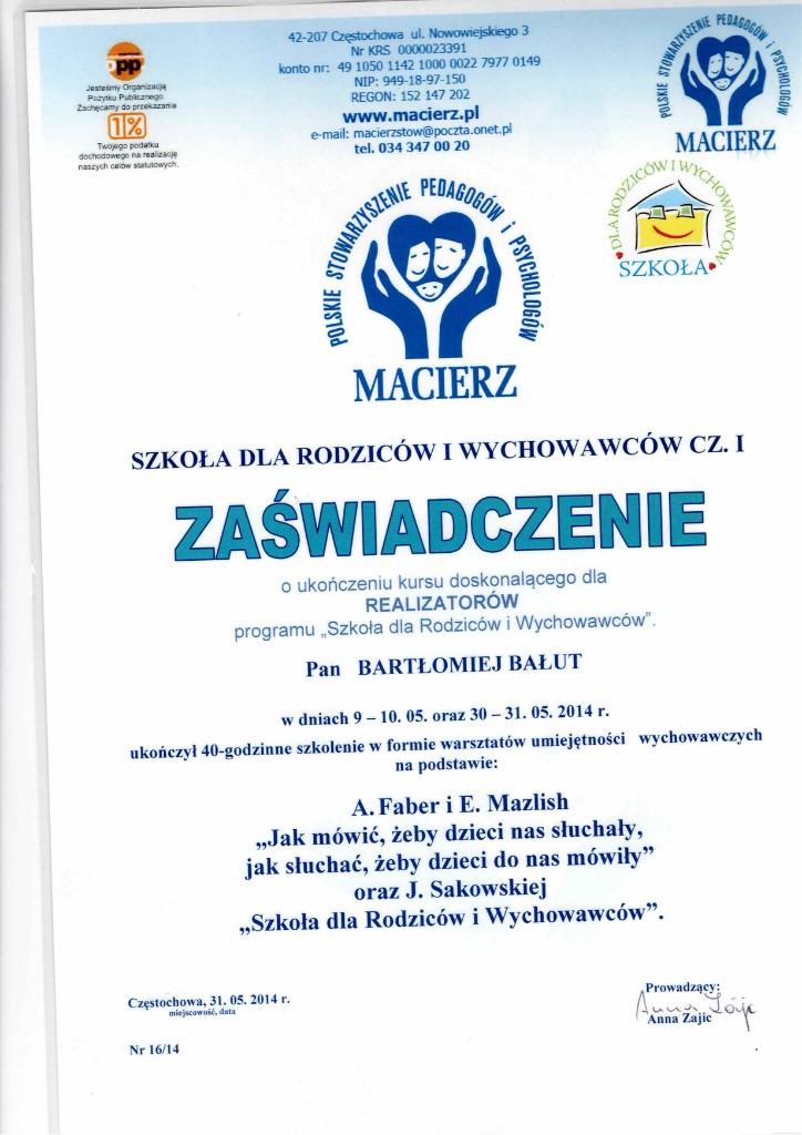 Zaświadczenie Szkoła dla Rodziców cz. I, MACIERZ, 2014