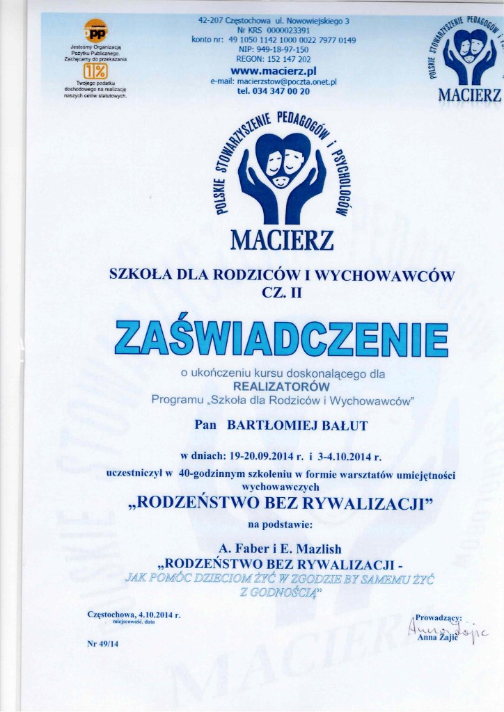 Zaświadczenie Szkoła dla Rodziców cz. II, MACIERZ, 2014