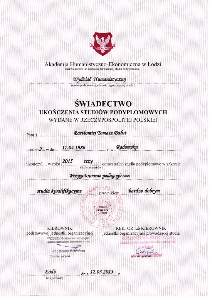 Świadectwo przygotowania pedagogicznego, AHE Łódź, 2015