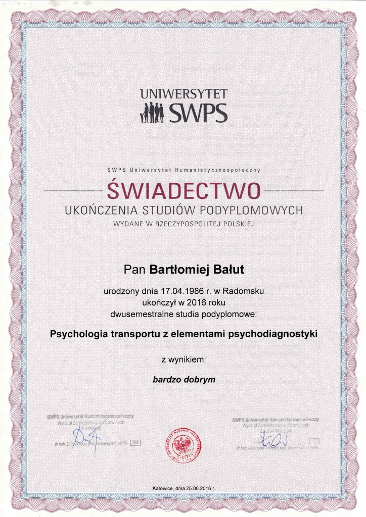 Świadectwo podyplomowe — psychologia transportu, SWPS, 2016
