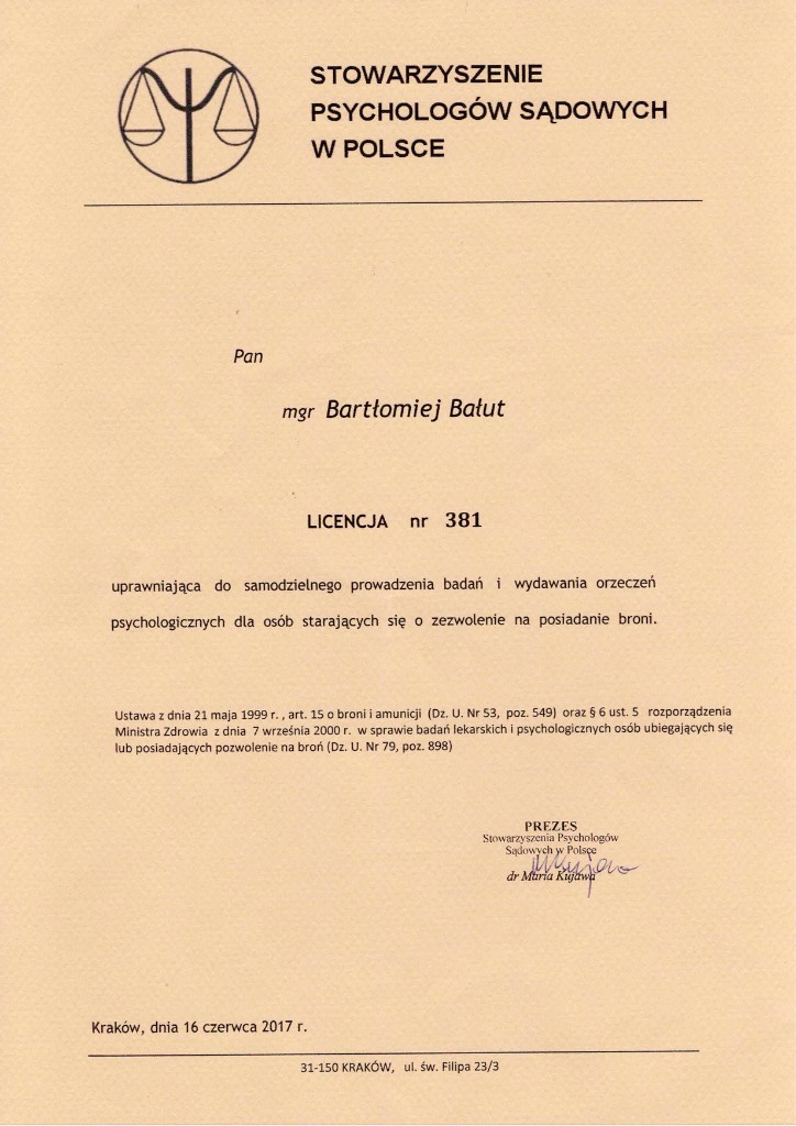 Licencja nr 381 Stowarzyszenia Psychologów Sądowych w Polsce, 2017