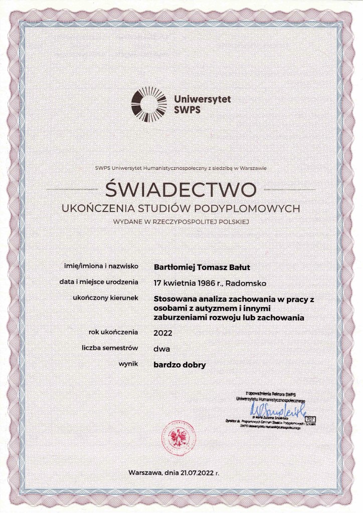 Świadectwo studiów podyplomowych SAZ, Uniwersytet SWPS, 2022
