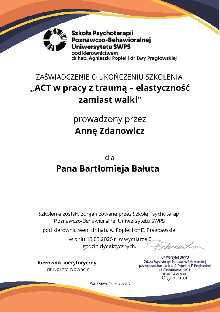 Zaświadczenie ACT w pracy z traumą, SWPS, 13.03.2026