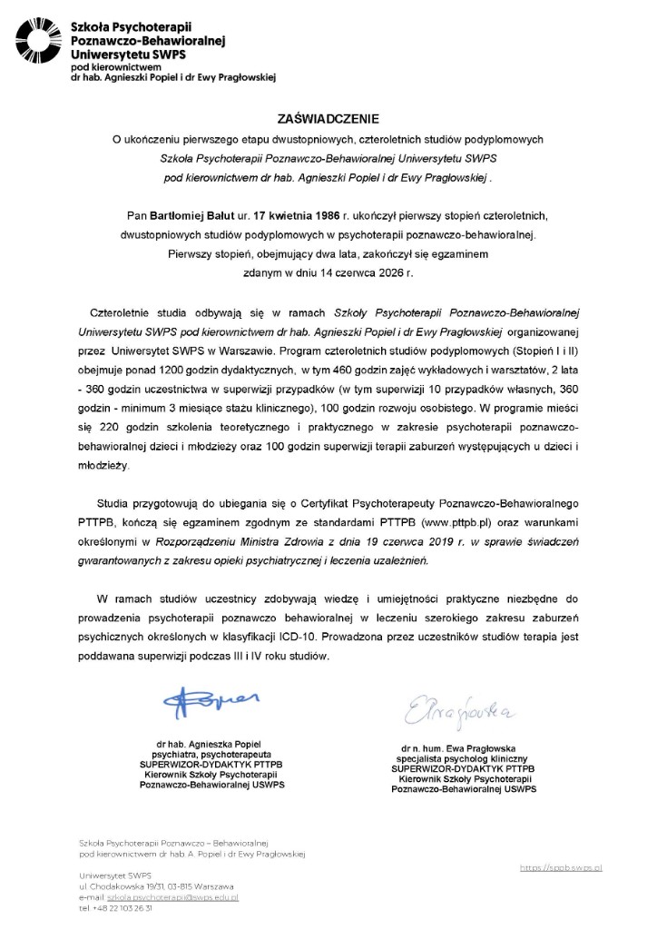 Zaświadczenie o ukończeniu I stopnia studiów podyplomowych w psychoterapii CBT, SWPS, 2026