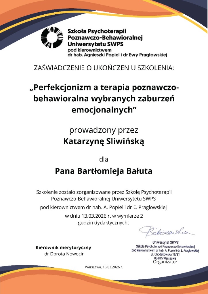 Zaświadczenie Perfekcjonizm a CBT, SWPS, 13.03.2026