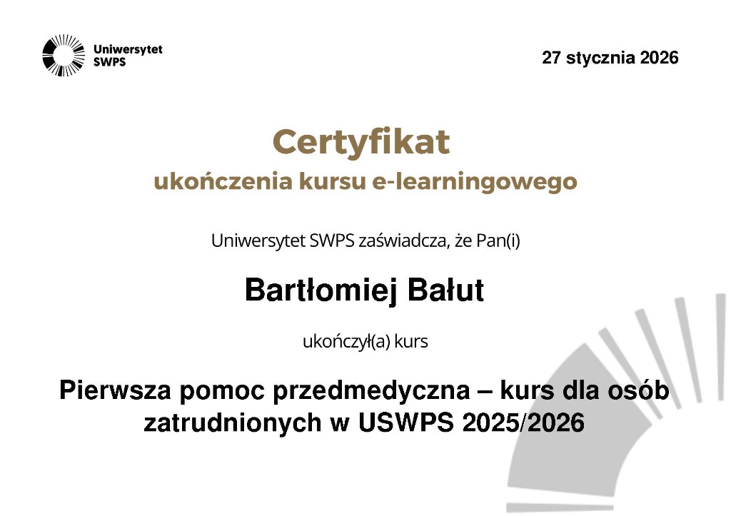Certyfikat pierwszej pomocy przedmedycznej, Uniwersytet SWPS, 27.01.2026