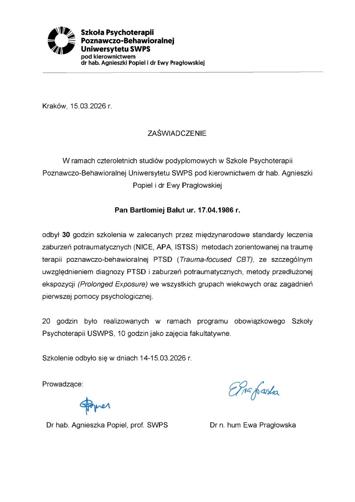 Zaświadczenie Trauma-focused CBT i PTSD, SWPS, marzec 2026